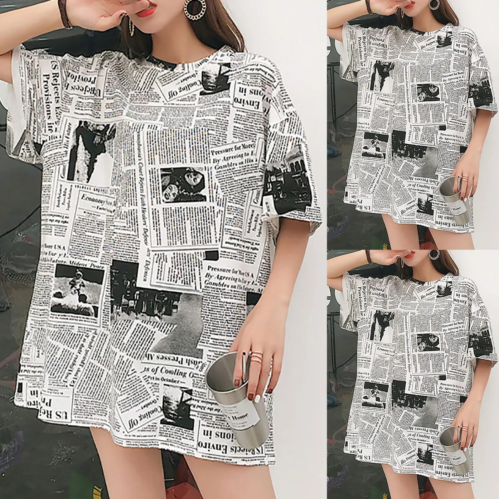 Женская модная футболка с принтом газетных персонажей и круглым вырезом удобный