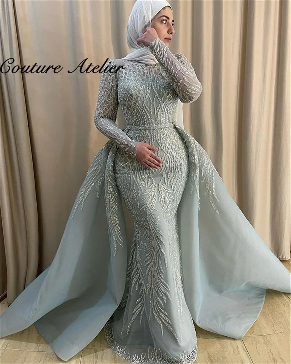 

Sparkly Beaded Turkey Muslim Evening Dress With Detachable Train Long Sleeve Mermaid Dubai Formal Dresses Wedding Party Gown