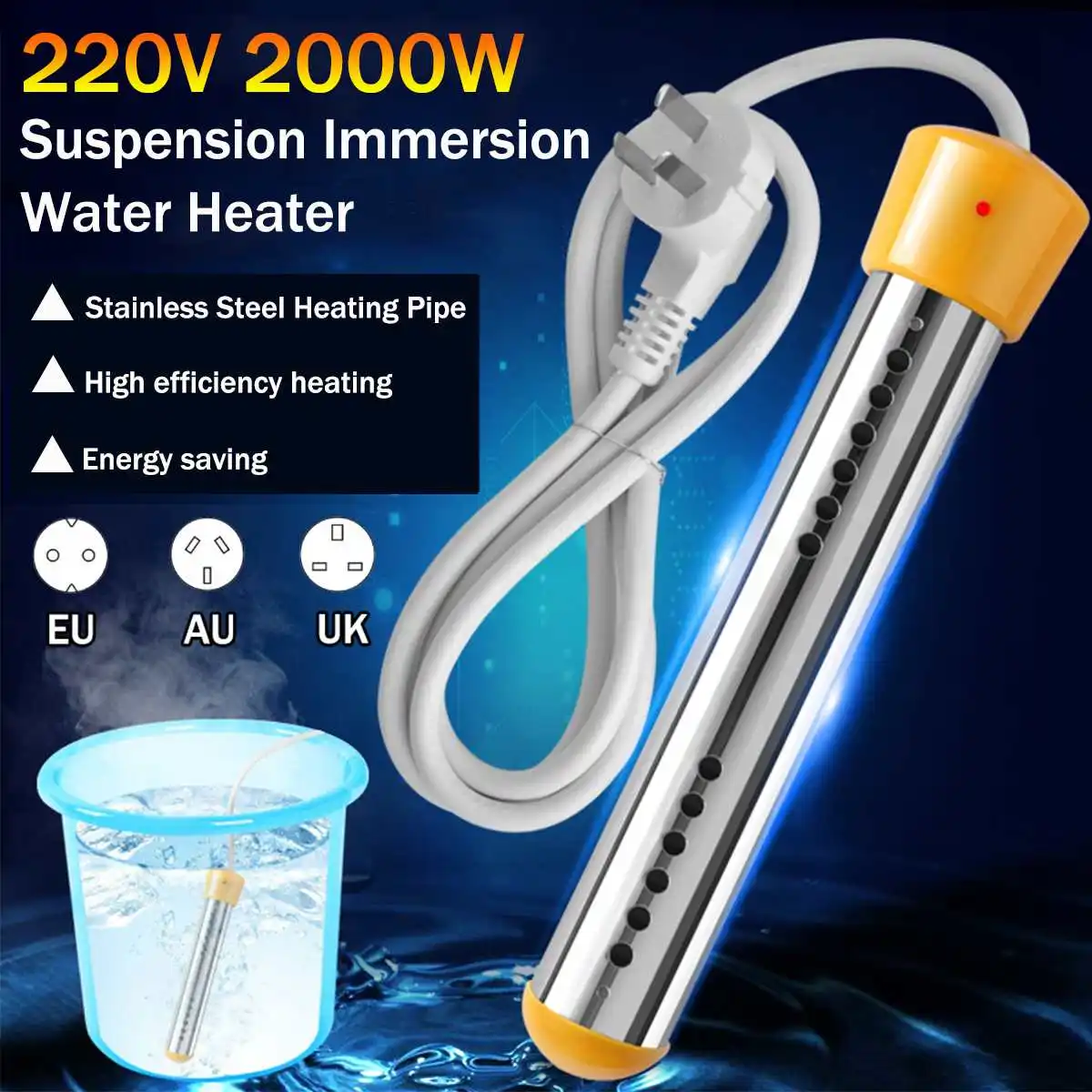 

2000W Floating Electric Heater Boiler Water Heating Element Portable Immersion Suspension The stainless steel heat up EU/UK Plug