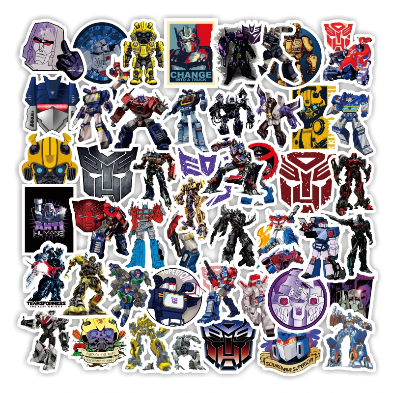 

50 шт. трансформированные автомобильные роботы, автомобили, мужские аниме наклейки, игрушки для планшетов, чемоданов, скейтбордов, наклейки