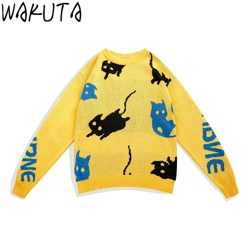 WAKUTA Japanese Vintage Cats Sweaters Harajuku Fashion Oversized Long Sleeve Yellow Black O Neck Pullover Chic Knit Cartoon Tops | Женская