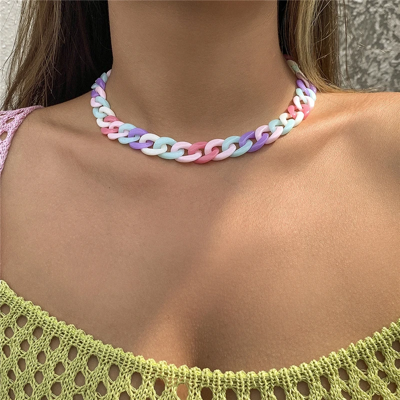 

New Rainbow Color Resin Chain Necklace For Women Girls Fashion Hip Hop Clavicle Chain Choker Necklace Bohemian Jewelry Gift