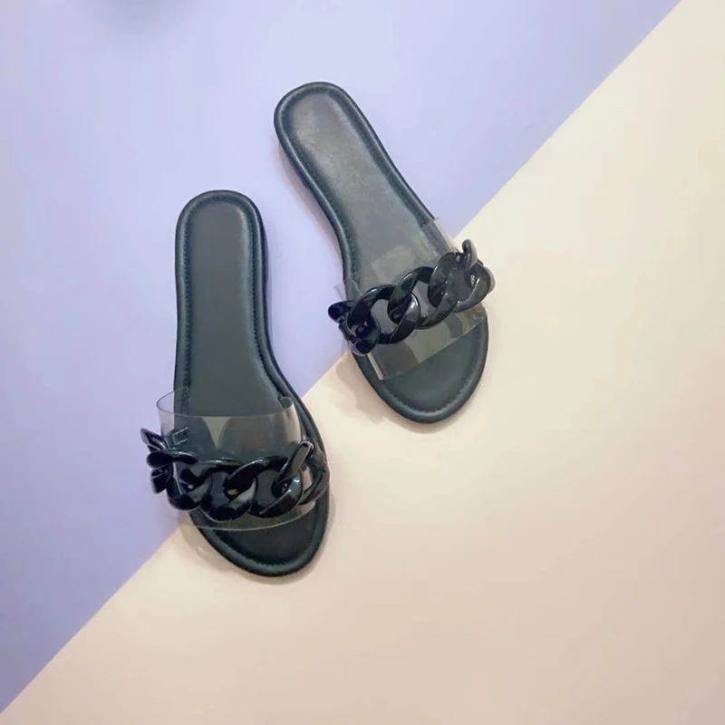 

New Sandals Fashion Big Chain Transparent Jelly Slippers Women Candy Color Flat Slides Sweet Girls Outdoor Flats Flip Flops