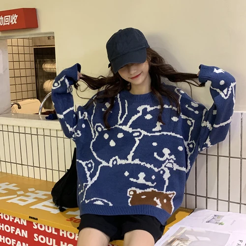 blue pullover Woherb, осенняя мода, свитер для женщин, с рисунком медведя, круглый воротник, длинный рукав, пуловер Kawaii, свободный, Повседневный, уличная одежда, топы 90817 - Цвет: blue pullover