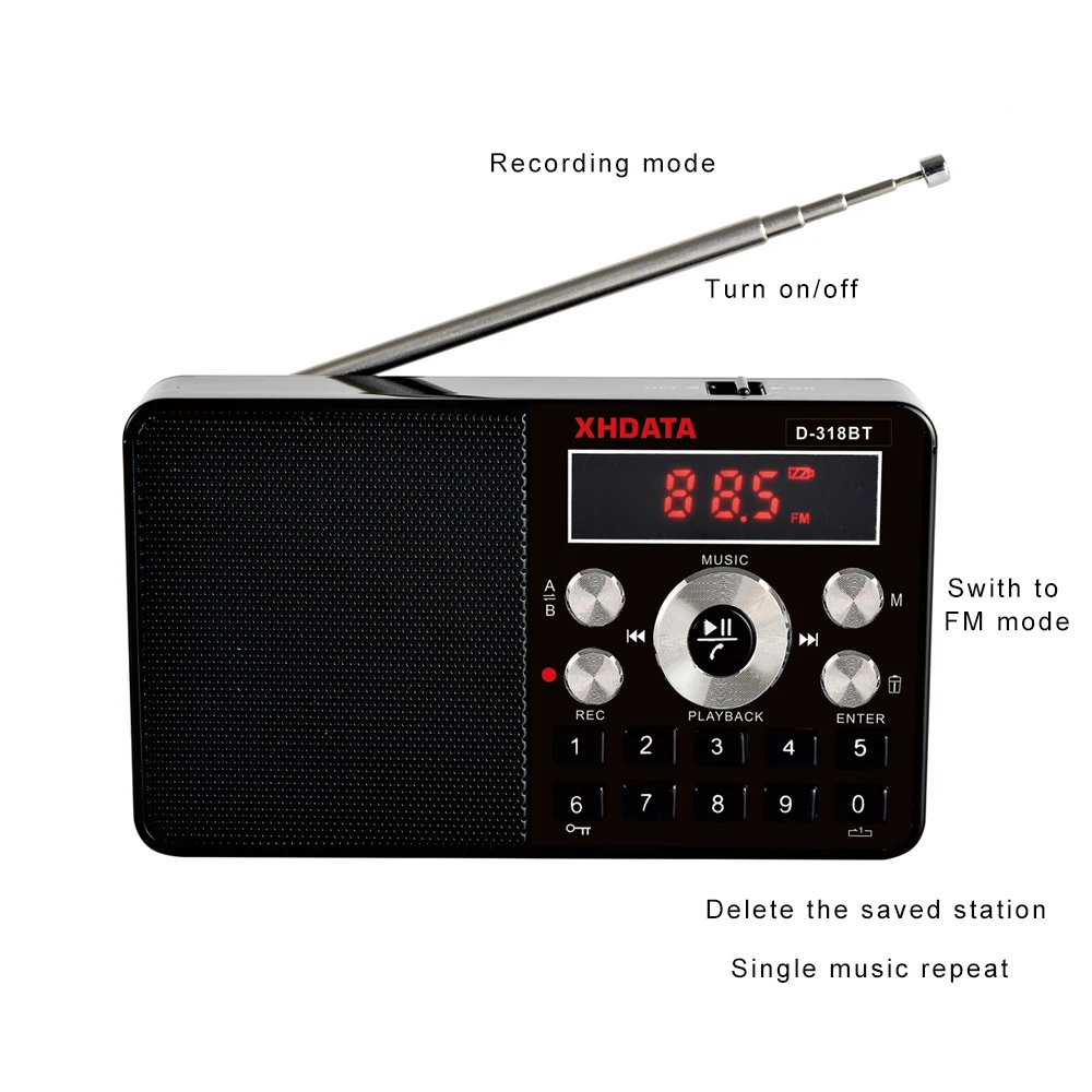 

XHDATA D-318 BT FM Stereo Radio Mini Multifunction Portable Radio Receiver Support Wireless Phone Calls A-B Bluetooth Radio