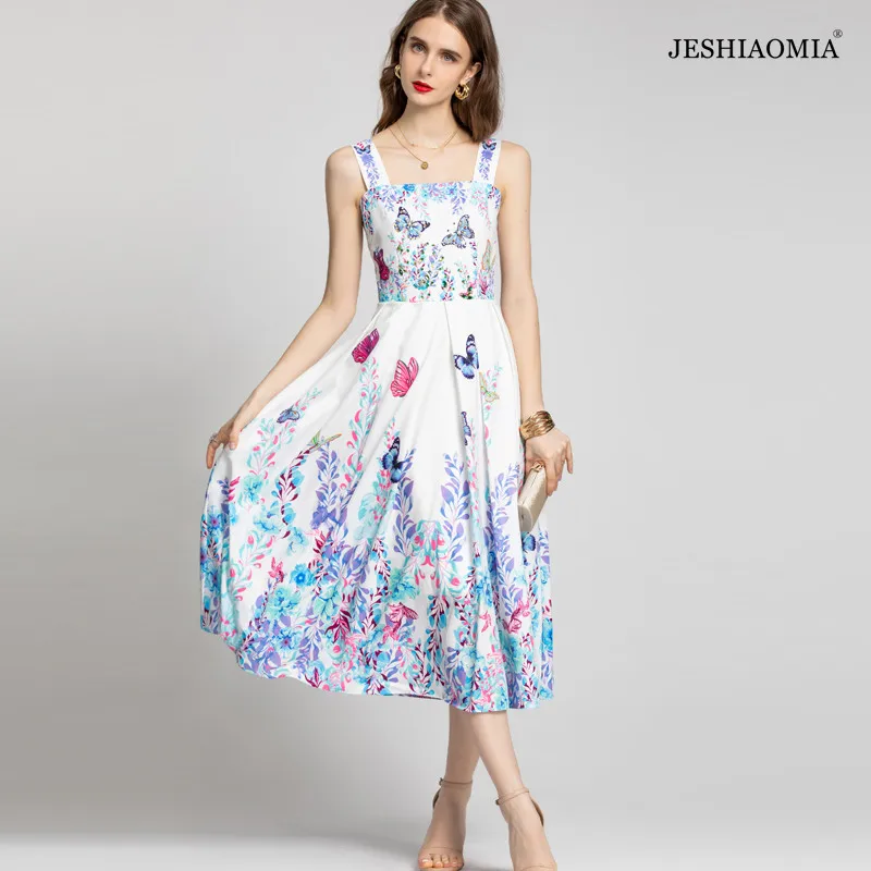 

JESHIAOMIA- 2021 Summer Butterfly & Flower Print Strappy Midi Dress