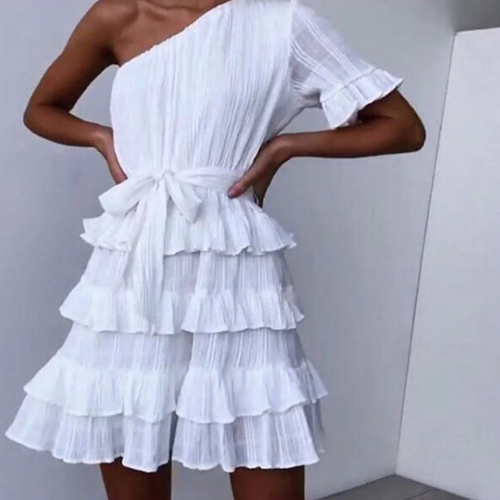 

Tosheiny 2020 Women Summer Sexy Irregular Neck One Sleeve Off Shoulder Dresses Female Ruffles Elegant Mini Dress TH0051-1