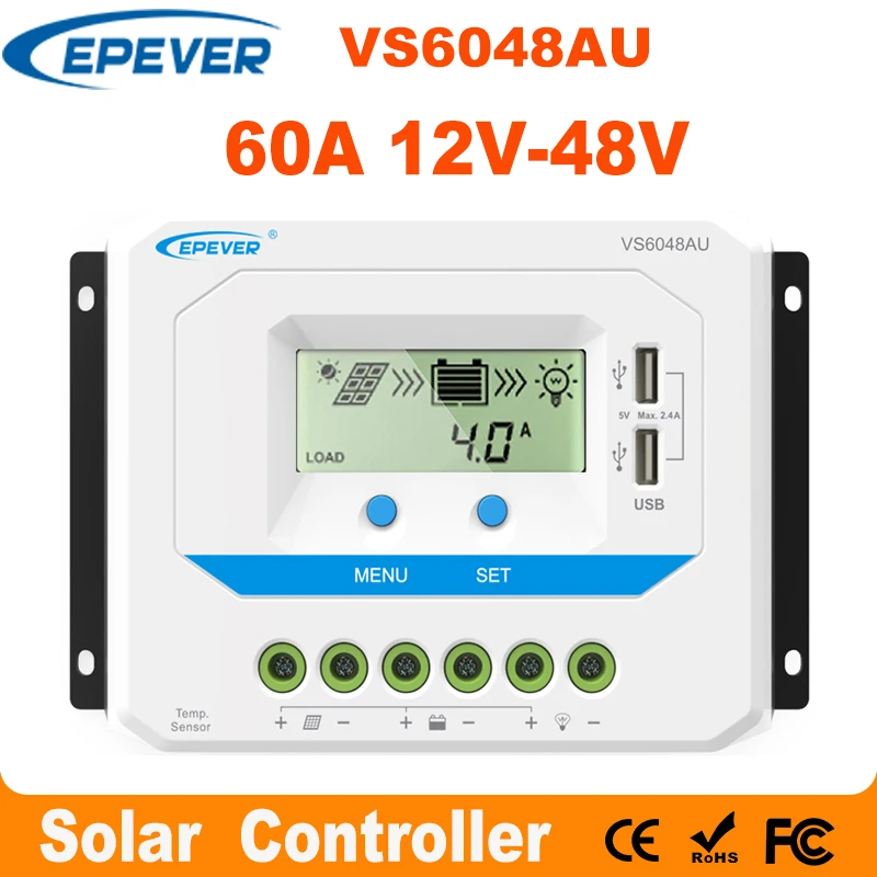 

EPEVER 60A Solar Controller 12V 24V 36V 48V Auto VS6048AU PWM Charge Controller with Built in LCD Display and Double USB 5V Port