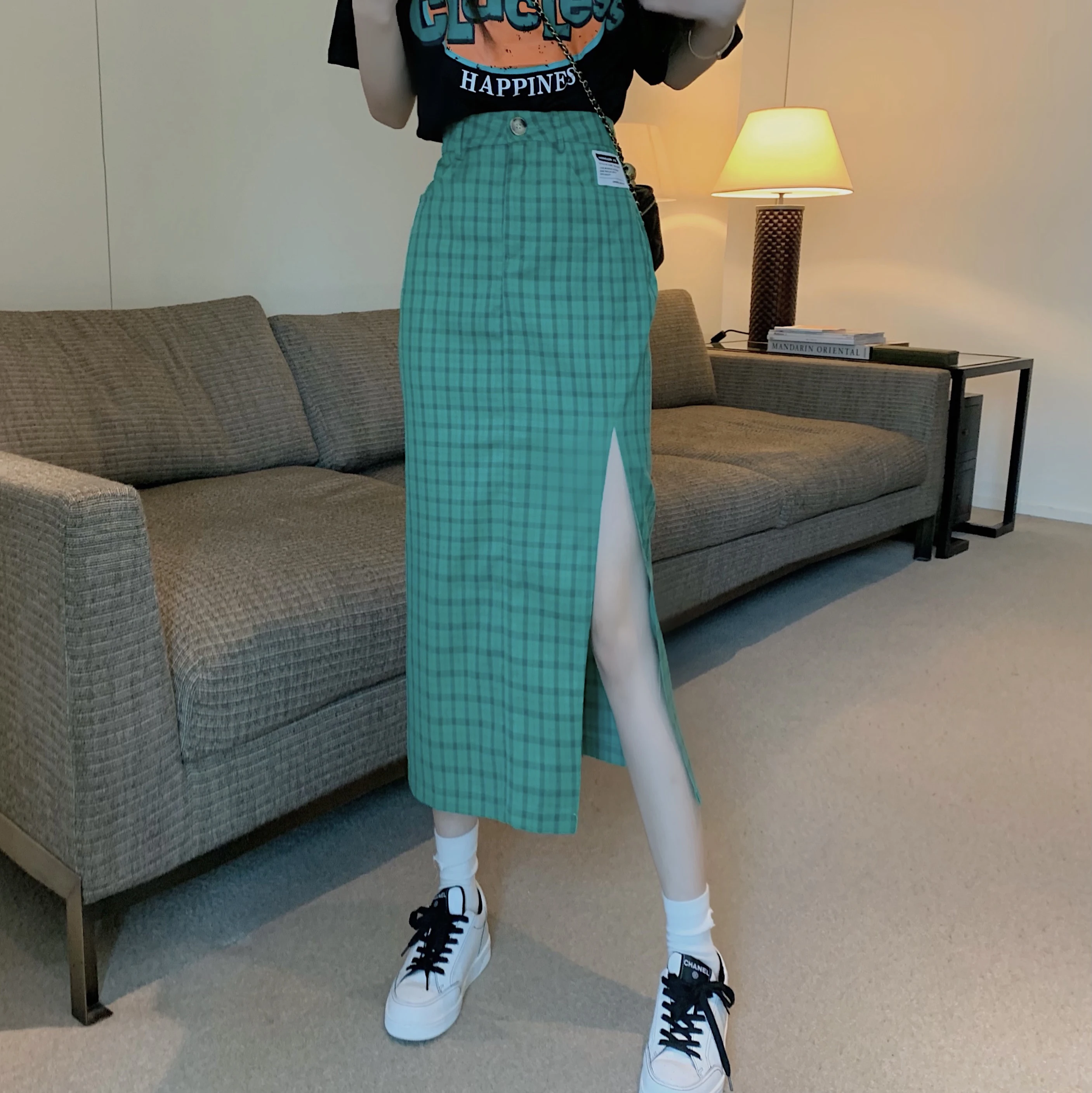 

High Split Skirts Plaid Street Nightclub A-line Fashion Harajuku Gothic Skirts High Waist Robe Ete Femme Women Clothing DE50QZ