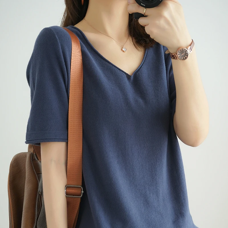 

2021 Summer Plus Size Thin T-Shirt New 100%Pure Cotton Short-Sleeved Women's V-Neck Knitted Pullover Wild Loose Half-Sleeved Top