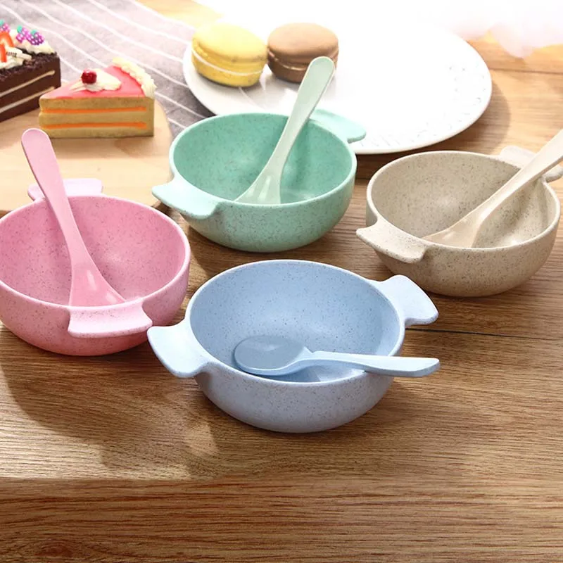 

Baby Feeding Tableware Set Eco-Friendly Wheat Straw Infant Plate Children Dishes Dinnerware Kids Anti-hot Training Bowl+Spoon