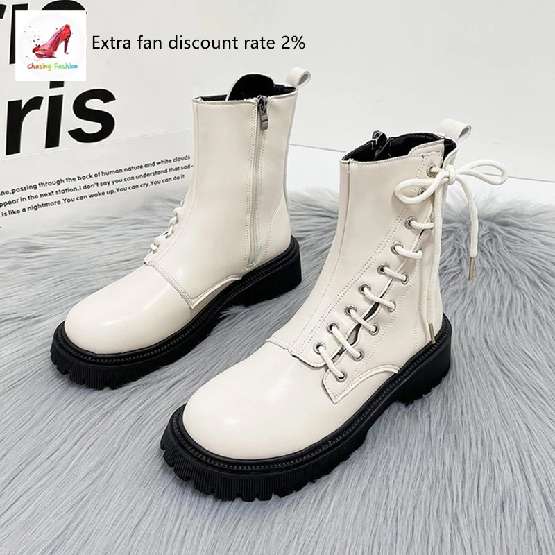 

COZOK Women's Ankle Boots PU Leather Warm Zip White Black Low Heel Autumn Winter Martin Boots Round Toe Platform Female Shoes