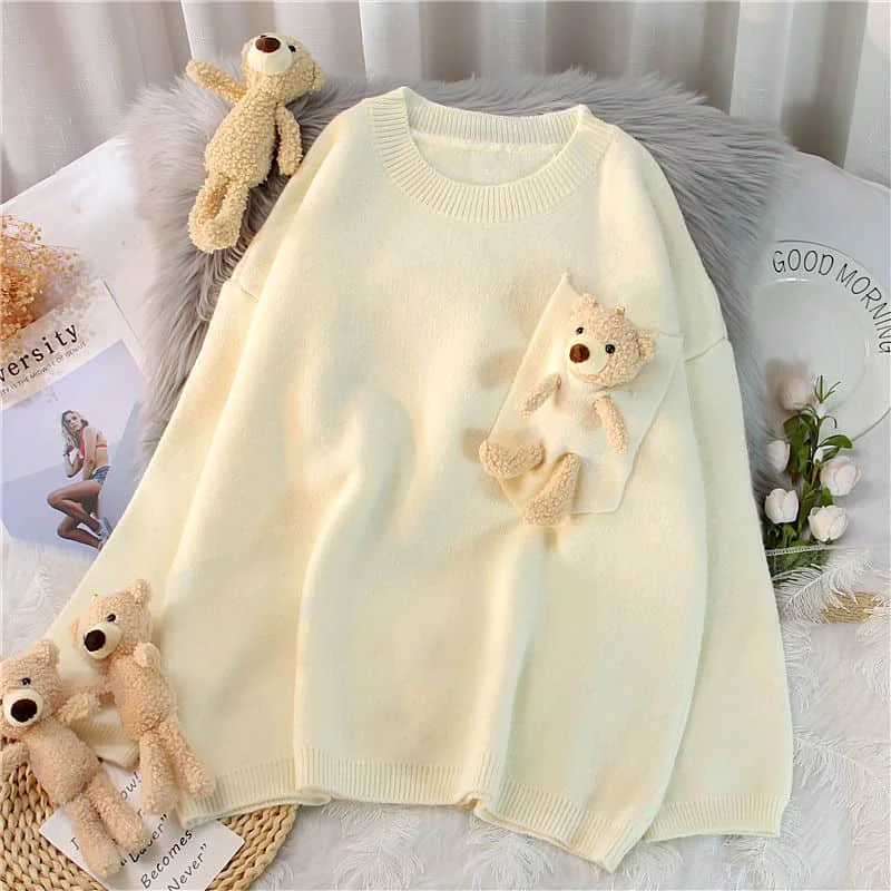 

Bear sweater women pullover loose lazy style Japanese college style candy-colored sweater trendy outer wear autumn new style