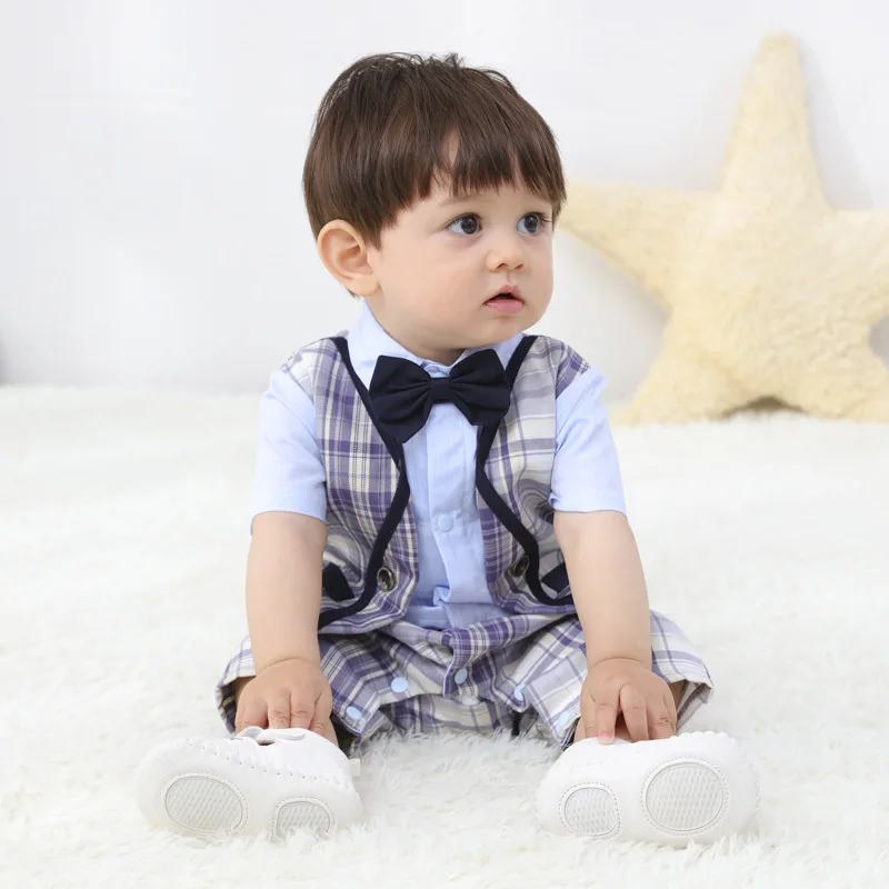 

Summer Children's Gift Clothing Boy Hay Clothing Gentleman Short Sleeve Checked Fake Two Jumpsuit Crawlers