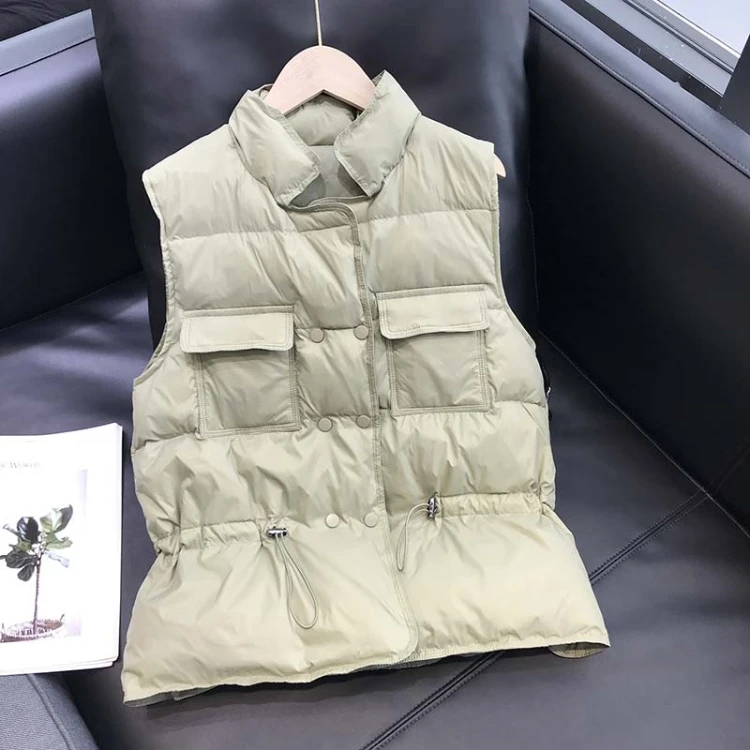 

2020 Autumn Winter New Arrivals Sleeveless Stand Collar Single Breasted Buttons White Duck Down Vest Women