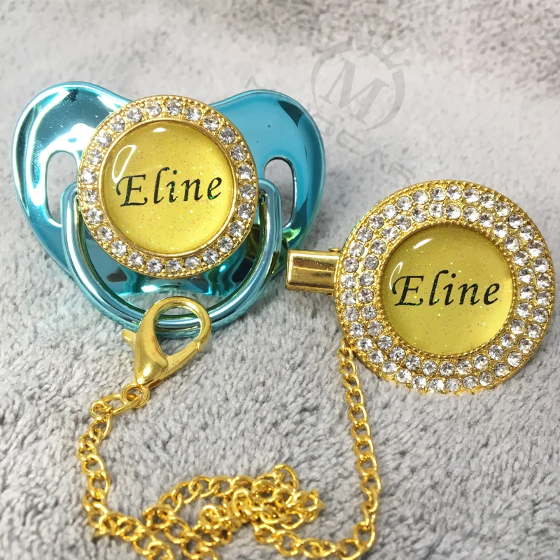 

MIYOCAR custom any glitter name photo gold bling pacifier and pacifier clip black BPA free dummy bling glitter design P8-BG