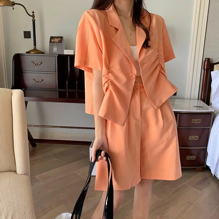 

Women 2021 Summer New Fashion 2 Piece Suits Female New Solid Color Loose Short Tops Ladies High Waist Wide Leg Shorts Sets K63