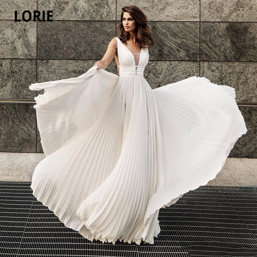 

LORIE Pleat Chiffon Wedding Dresses Beach Bridal Gown Sexy Deep V-neck Sleeveless Fleat Open Back Boho Princess Dresses 2020