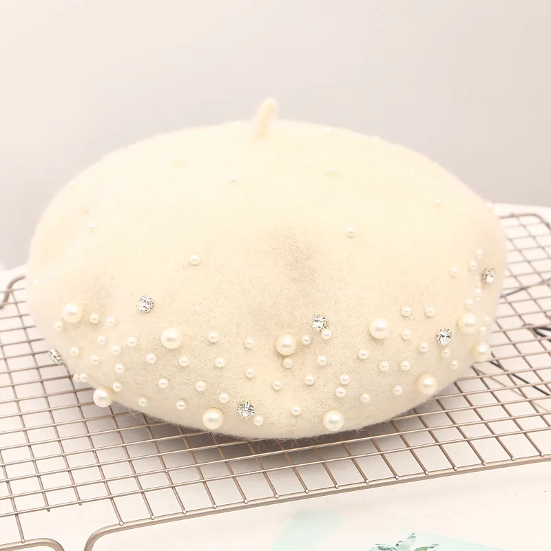 

Fashion Womens Pearl Beret Cap Female Warm Painter Cap Flat Top Octagonal Hat Bonnet