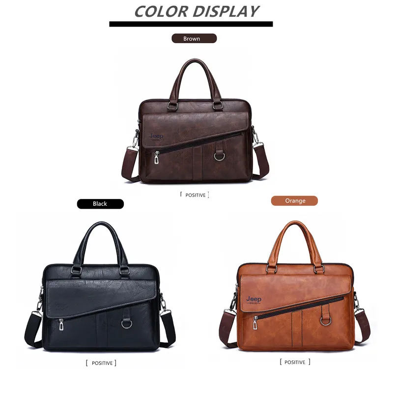 JEEP BULUO New Men Briefcase Split Leather Laptop Bag 14