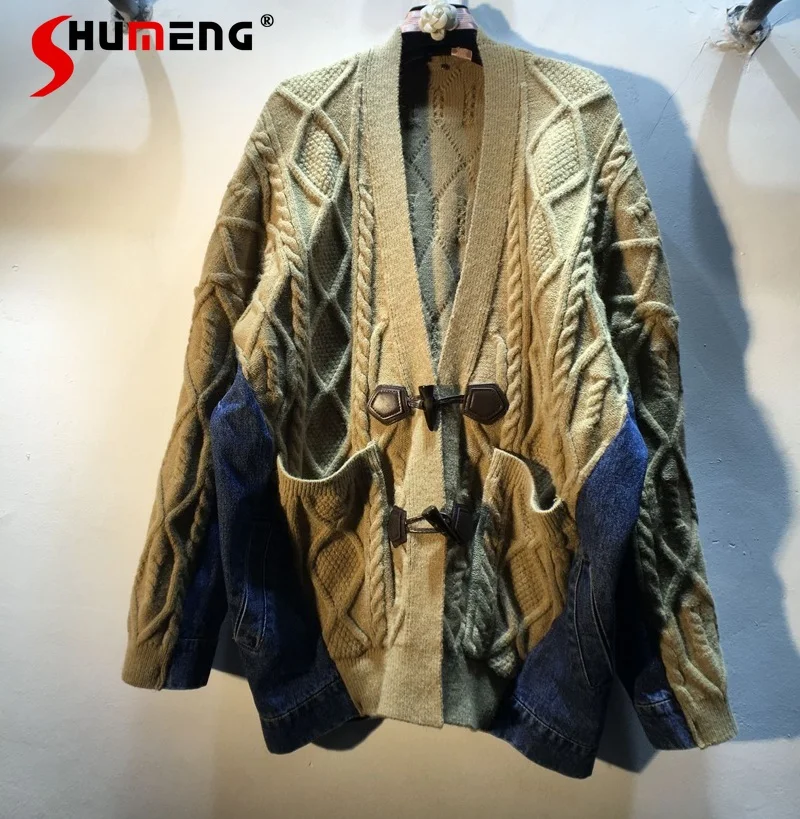 

2021 Autumn Winter New Patchwork Denim Twist Horn Button Thick Wool Mid-Length Cardigan Coat Women Long Sleeve Cardigan Sweater