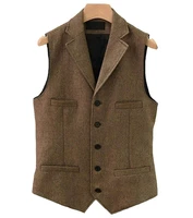 new herringbone pattern brown vest mens formal business waistcoat notch lapel wool tweed groomsmen vest for wedding