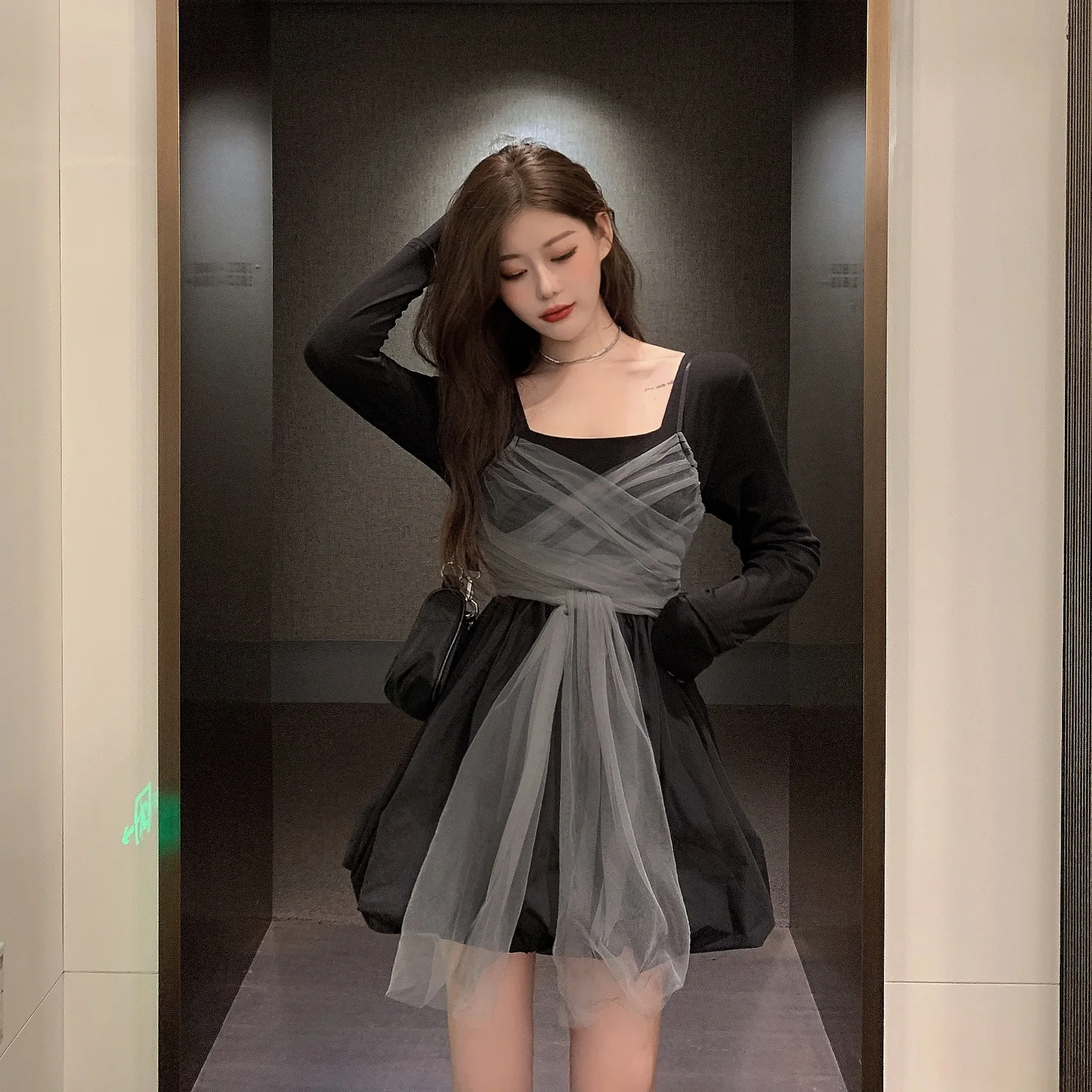 

Vintage Black Dress Women Fashion Lace Mesh Dress Long Sleeve O-neck Party Retro Elegant Lace 2 Piece Set Women's Dress