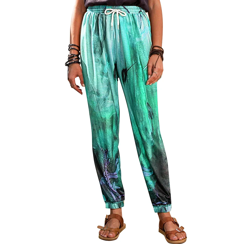

Women Retro Graffiti Print Sports Long Pants Spring Autumn Casual Belt Bandage Fashion Vintage Trousers pantalon pour femme