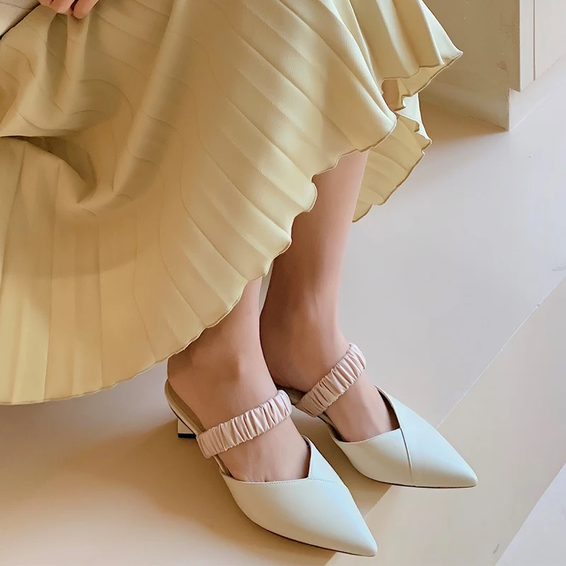 

ISNOM Genuine Leather Women's Slippers Elastic Band Mules Shoes Woman High Heels Slides Ladies Slippers Pointed toe Shoes Summer