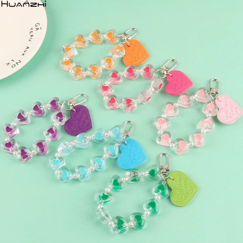 

HUANZHI 2021 New Handmade Transparent Resin Heart Keychain Metal Button for Women Girls Bag Car Love Charms Colorful KeyChains