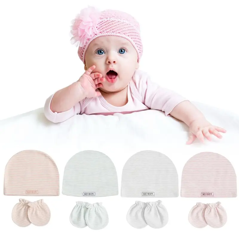 

Newborn Baby Hat Gloves Set Soft Cotton Stripe Cap Moisture sweat absorption breathability Anti Scratch Mittens Warmer