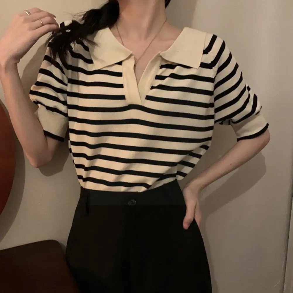 

Ladies Knitted T-shirt Striped Short Sleeve Top Loose Summer Fashion Short French Soft Design V-neck Streetwear F2i0