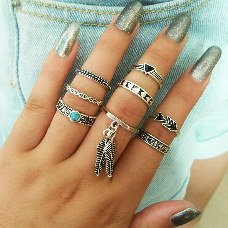 

8Pcs/Set Exquisite Vintage Bohemian Style Ring Carved Leaf Totem Party Jewelry Inlaid Turquoise Fashion Banquet Anniversary