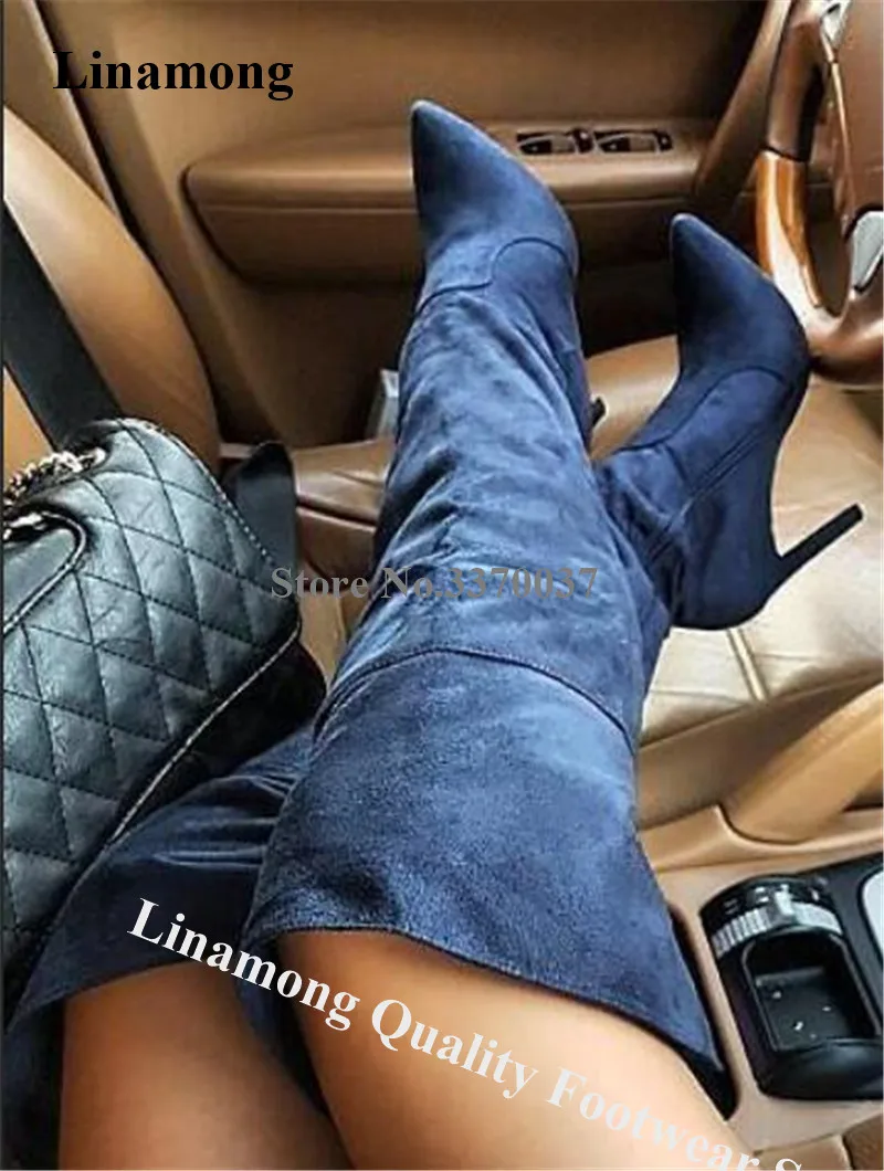Брендовый дизайн заостренный носок замша кожа выше колена шпилька сапоги синий