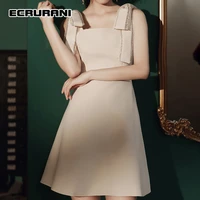 ecrurani white dress for women square collar sleeveless high waist mini bowknot solid dresses female summer clothes 2021 fashion
