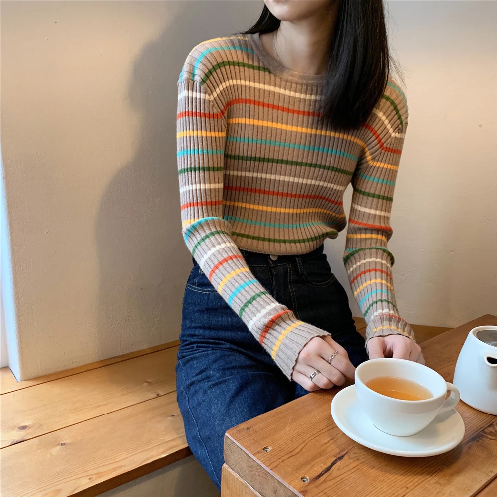 

striped long sleeve pullovers sweaters fashion women o-neck vetement femme ladies tops sweet style autumn new Women's Clothing