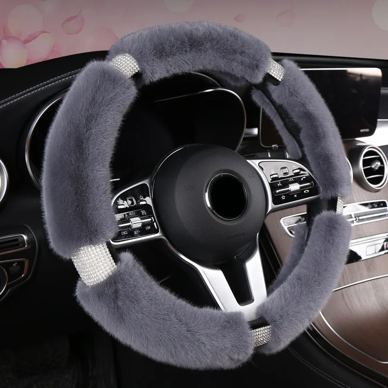 Fluffy Steering Wheel Cover with Bling Rhinestones Diamond Fur Furry Car Steering Covers Universal 38cm For Women Girl