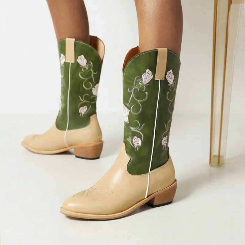 

ZawsThia Ethnic Western Cowboy Boots Patchwork Flower Embroidery Comfortable Womens Mid-calf Riding Equestrian Winter Boots