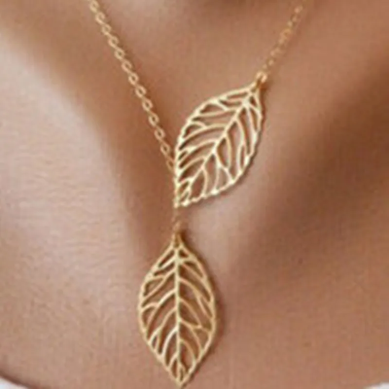Модное простое ожерелье с двумя листьями для женщин колье крупное Золотое