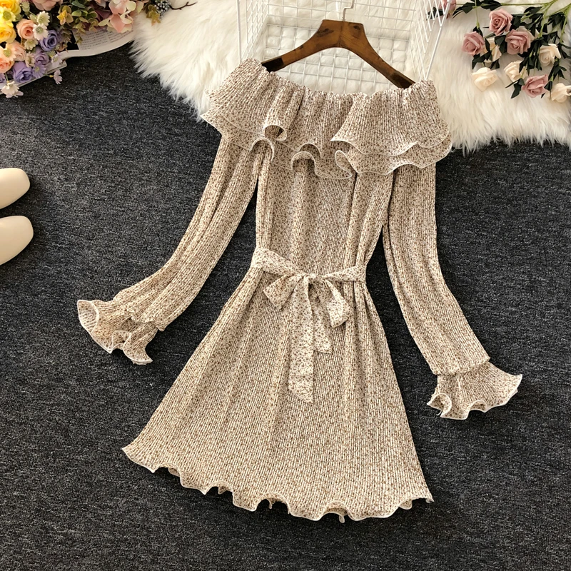 2020 New Slash Neck Ruffles Print Women Dress Korean Sashes Lacing Mini Pleated Dresses Beach Style Vestidos Femme | Женская одежда