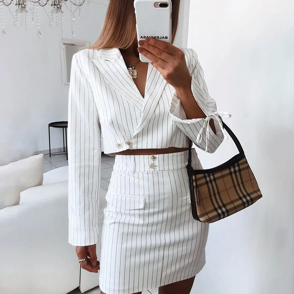 2019 осенние полосатые укороченные костюмы женские уличные повседневные блейзеры