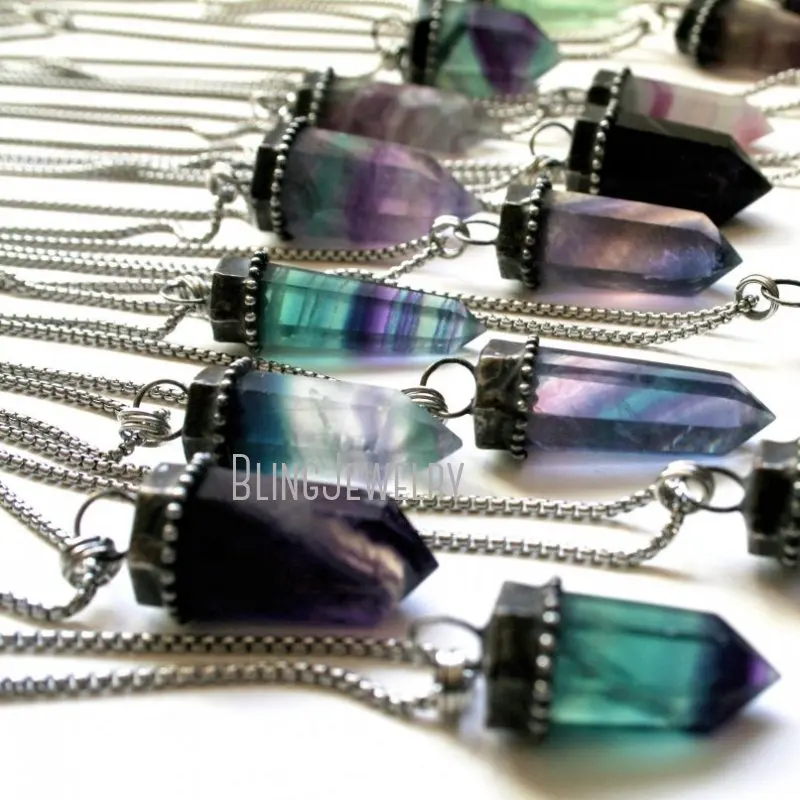 NM40564 Rainbow Fluorite Crystal Tower Necklace Fluorite Crystal Point Talisman Witch Goth Pendulum Obelisk Box Chain  Necklace