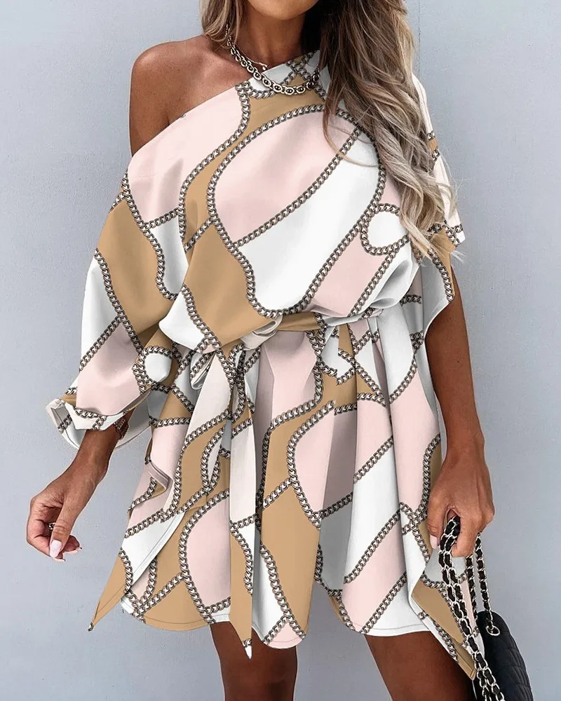 

Women's Scarf Print Half Sleeve Casual Dress Semi strapless Sexy Female Desses New Style