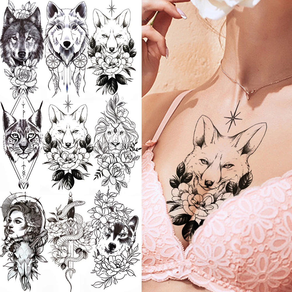 

Cool Wolf Black Temporary Tattoo Sexy Girl Snake Fake Cat Lion Tattoo Sticker For Women Adults Geometry Body Art Tatoos Paper