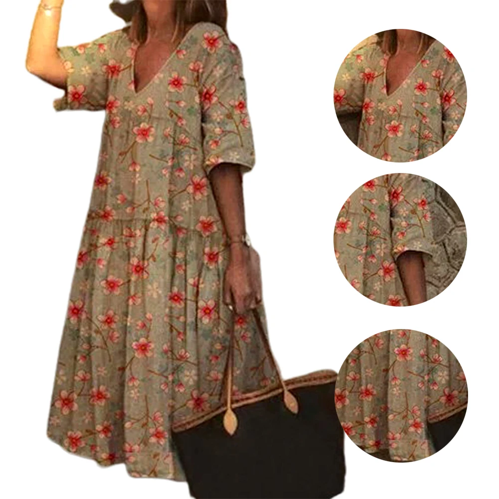 Женское пляжное платье-миди в стиле бохо с V-образным вырезом и коротким рукавом