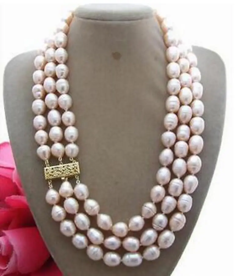 

Free Shipping 3 Rows 9-10mm natural Australian south sea gold pink pearl necklace 17"-19"