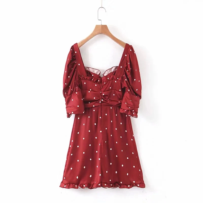 elegant red polka dot satin dress women mini puff sleeve Sexy backless chiffon beach womens dresses korean vestidos 2019 | Женская