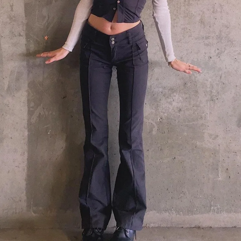 

Y2K Aesthetics Indie Women Low Waist Flare Pants E-girl Vintage Skinny Pockets Black Pants Autumn 90s Streetwear Long Trousers