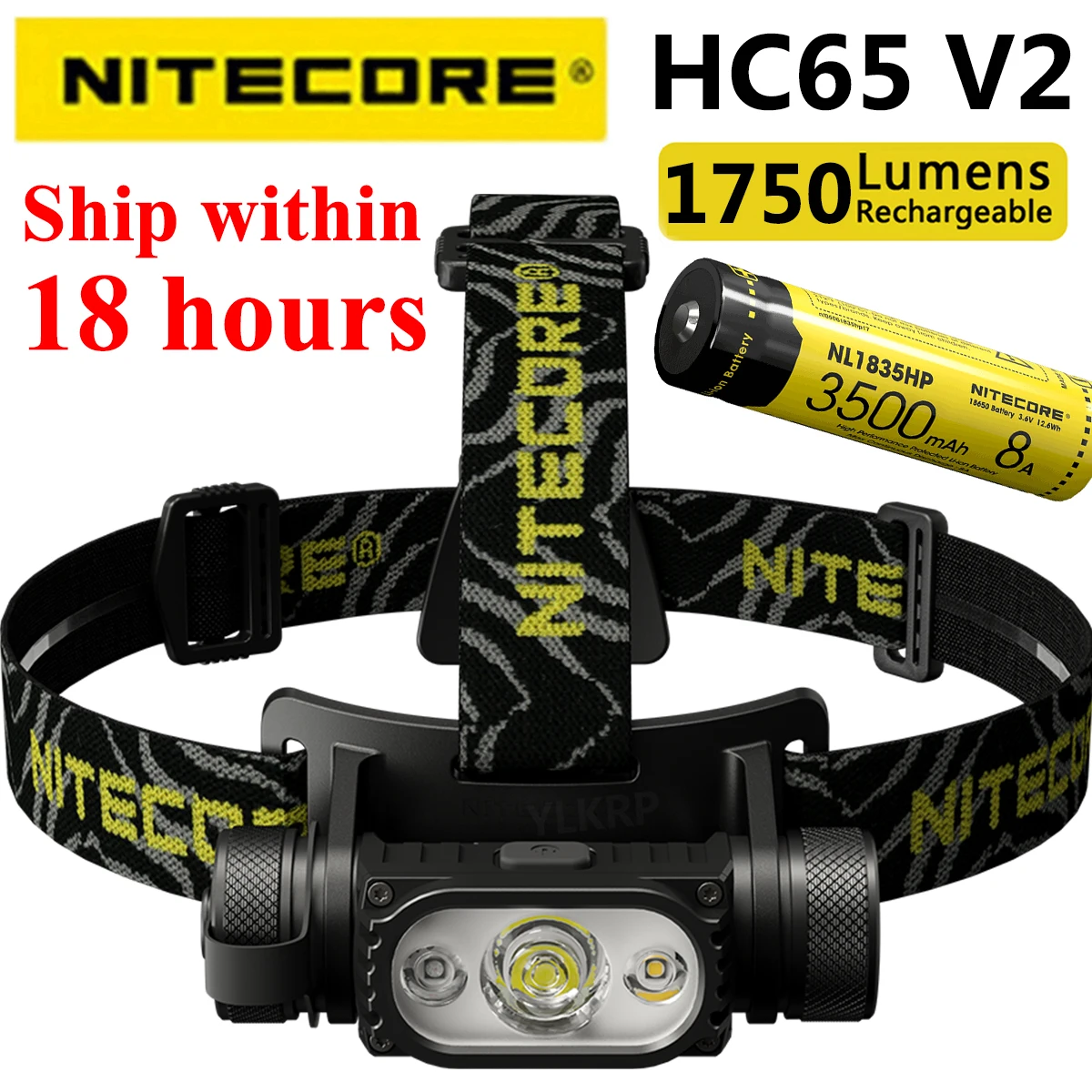 Металлический налобный фонарь NITECORE HC65 V2 1750 люмен с тресветильник источниками