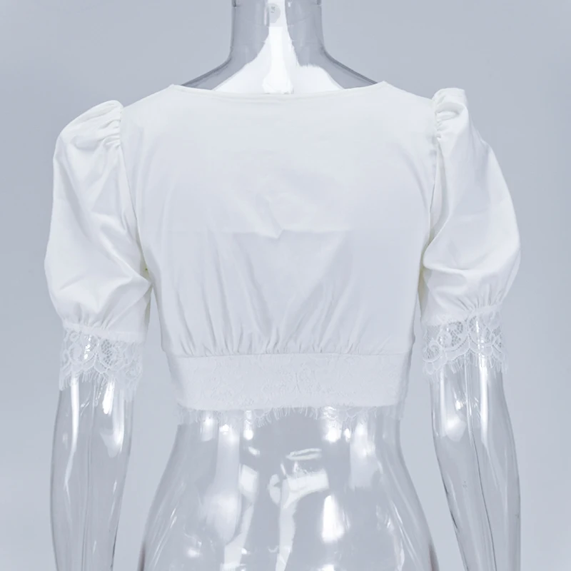 

Sexy V Neck Lace Crop Top Blouse Women Button Puff Sleeve White Shirt Vintage Blusas 2020 Summer Casual Womens Tops and Blouses